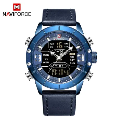 NAVIFORCE NF9153 Watches for Men Dual Display Digital Alarm Clock Fashion Leather Sport Waterproof Wristwatch